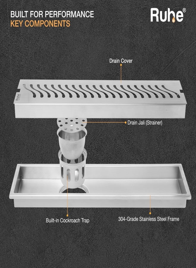 روهي قناة تصريف مياه الدش Ruhe® Wave | 18 × 4 بوصات | قناة تصريف مياه الدش من الفولاذ المقاوم للصدأ 304 | مصرف أرضي مزود بمصيدة للصراصير، وفتحة جانبية، وطوق - Image 5